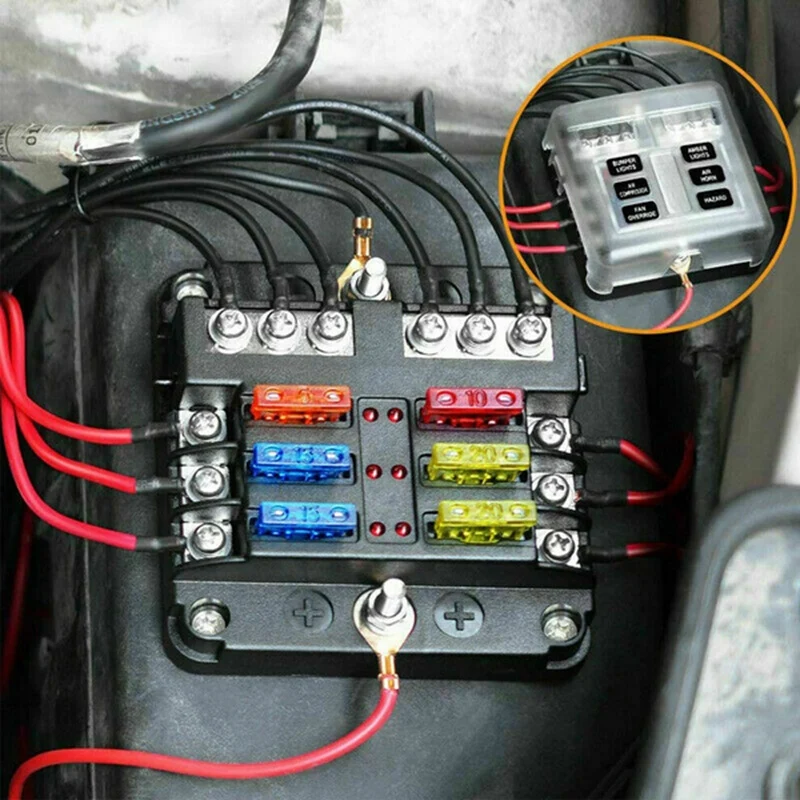 6-Way Waterproof Fuse Block,With LED Indicator 12 Circuits With Negative Marine Fuse Box For Dc 12/24V Car Boat RV Truck