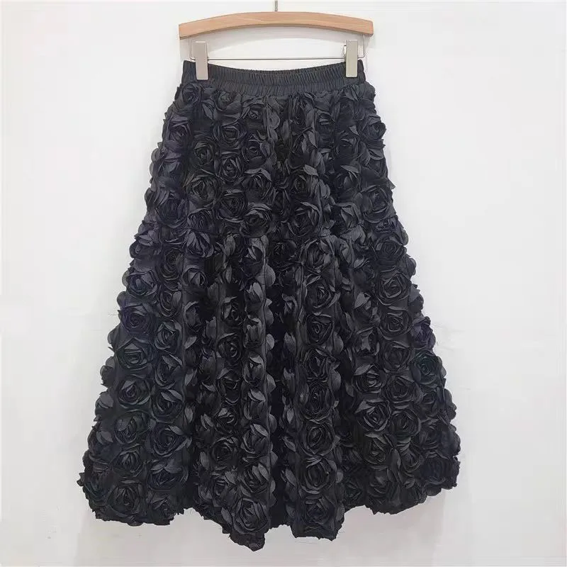 New Elegant 3D Rose Flowers Long Skirt for Women Y2K Sexy Elastic High Waist  Solid Color Party Evening Dress Club Fashion Skirt