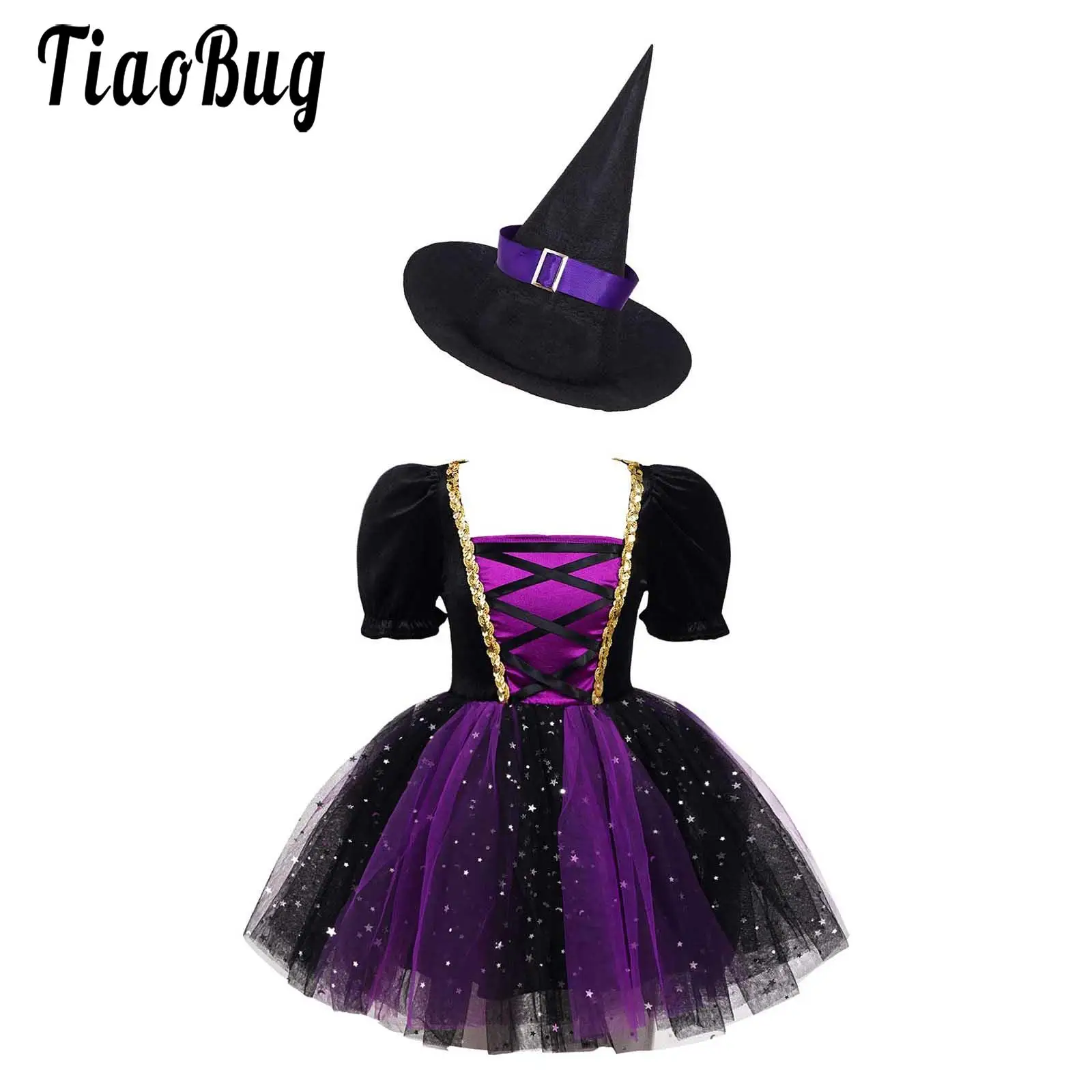 Children Girls Halloween Witch Princess Dress Glittery Mesh Tutu Dress with Pointed Hat for Carnival Party Dress Up Costumes