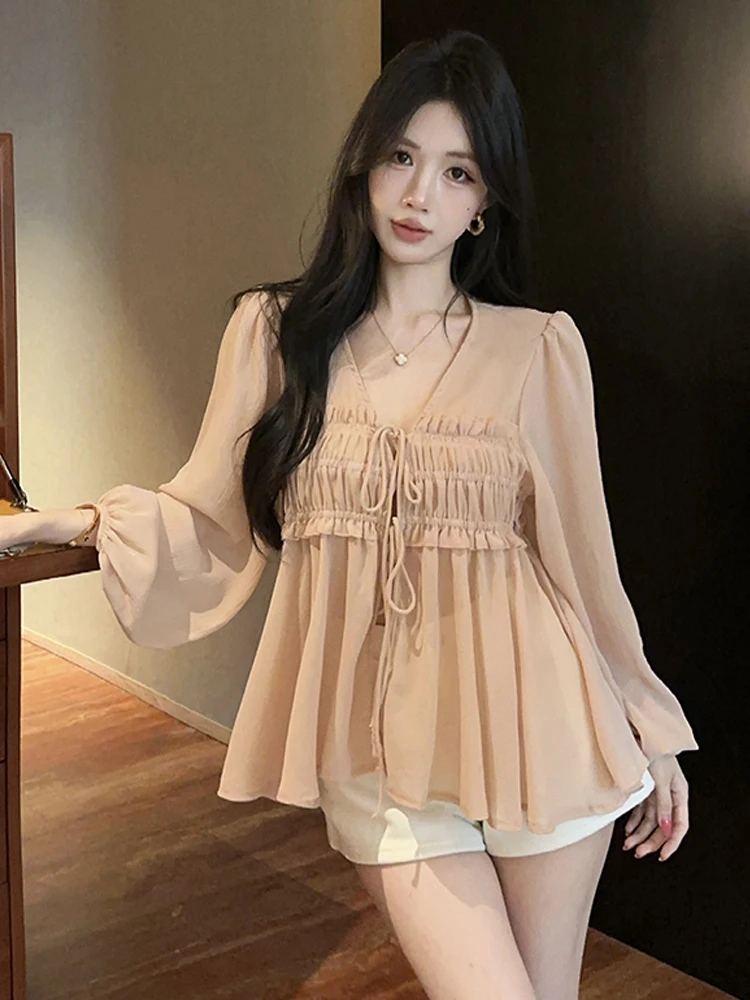 

Женская модная летняя шифоновая блузка с V-образным вырезом, свободными рукавами-фонариками, защитой от солнца и лентами, в нежном стиле Pure Desire