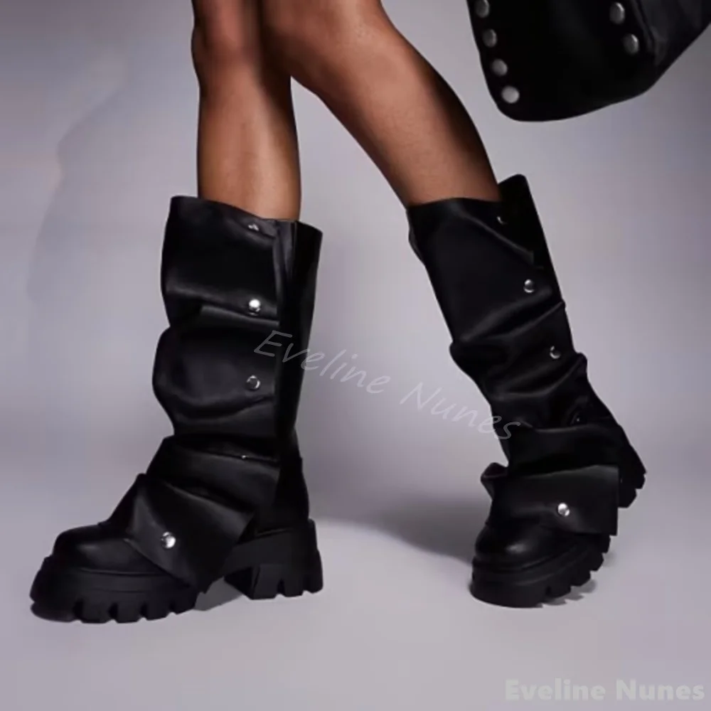 

Плиссированные кожаные сапоги до колена с заклепками, женские ботинки до колена с круглым носком на массивном каблуке и платформе, оранжевые байкерские ботинки, новые модные брючные ботинки