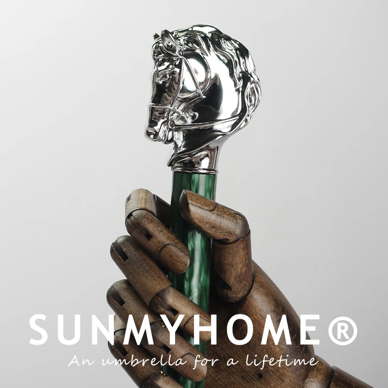 Retro Luxury Long Umbrella Creative Horse Head Handle Green Black Sunny Umbrellas UV Protection Parasol Gentleman Business Gifts