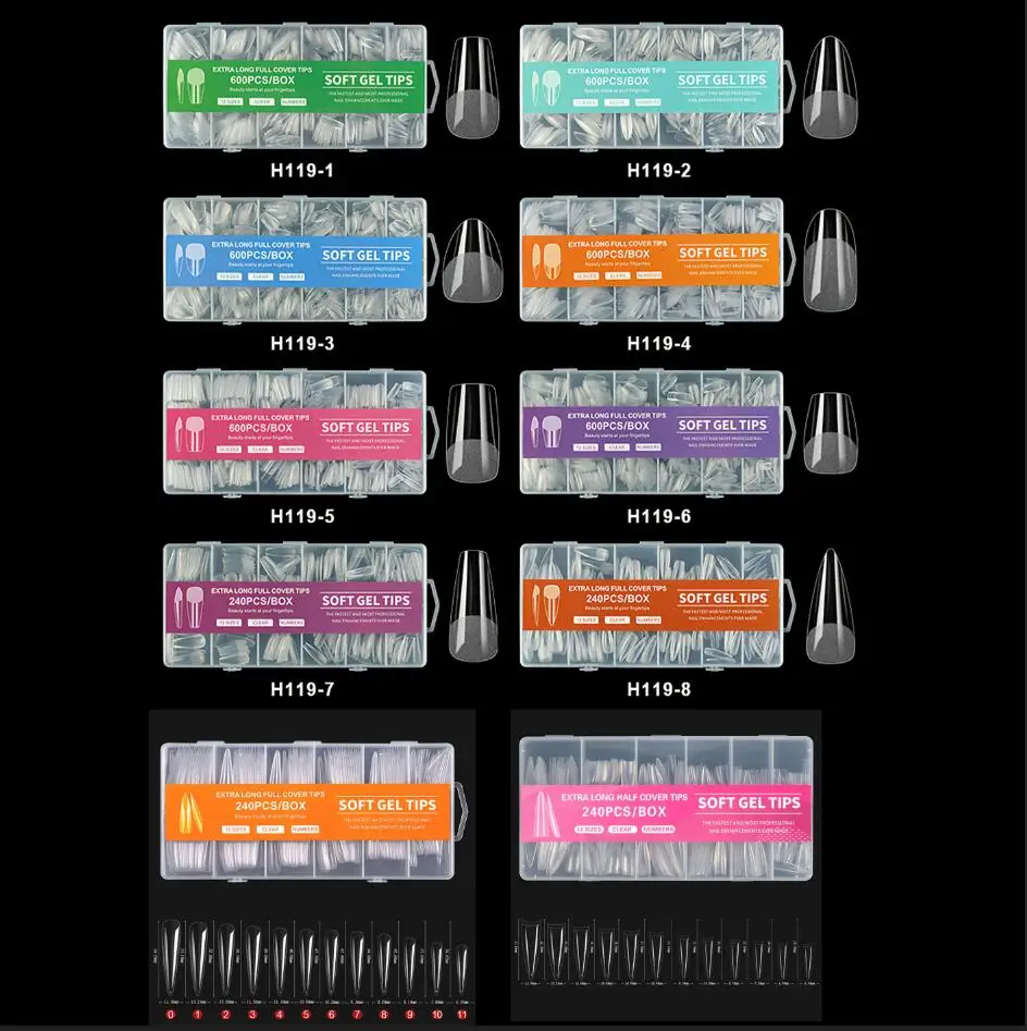 240 and 600 Transparent Matte Oval/Ballet/Almond/Square Nail Stickers, Available in Sizes Up to 12-14, Fully Covering Fake Nails