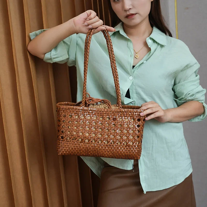 Luxury Handmade Cowhide Woven Shoulder Bag Retro Casual Handbag Fashion Hollow Shopping Basket Bag With Drawstring Inner Pocket