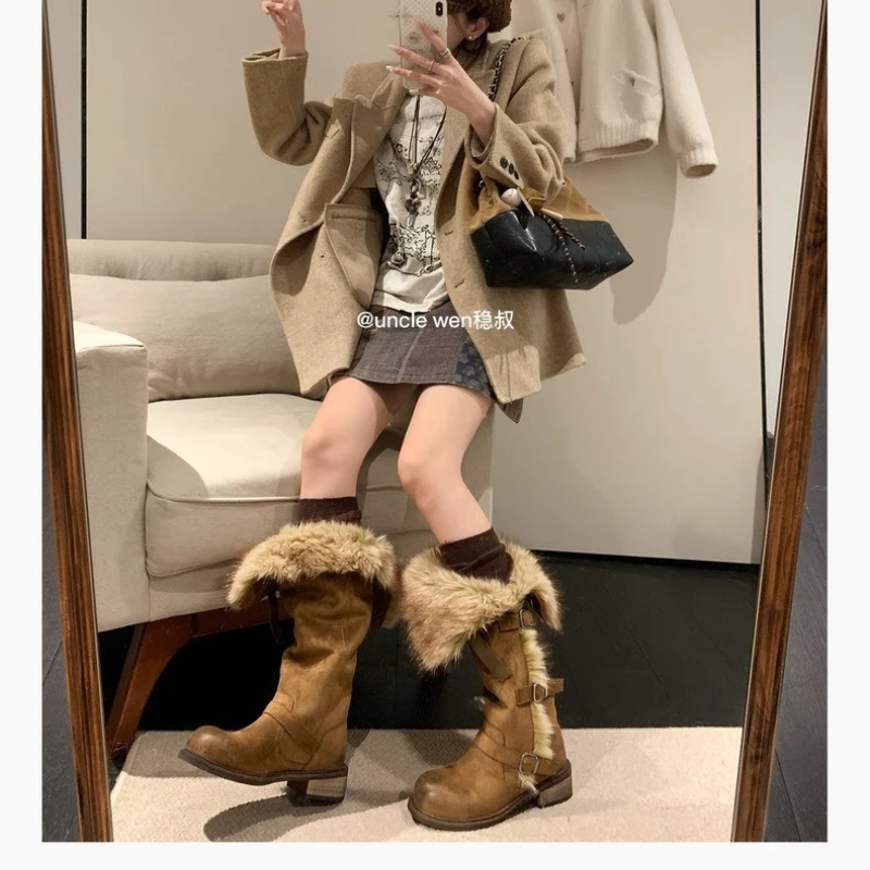 Suede Plush Long Boots Winter Velvet Snow Boots for Women, Warm and Non Slip Cotton Shoes Women's Horn Buckle Winter Snow Boots
