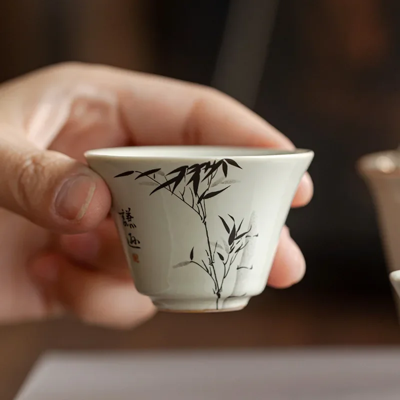 Hand-painted Bamboo Wood Ash Travel Tea Set One Pot Three Cups Carrying Bag Ceramic Handmade Outdoor Kung Fu Tea Set Teaware Set