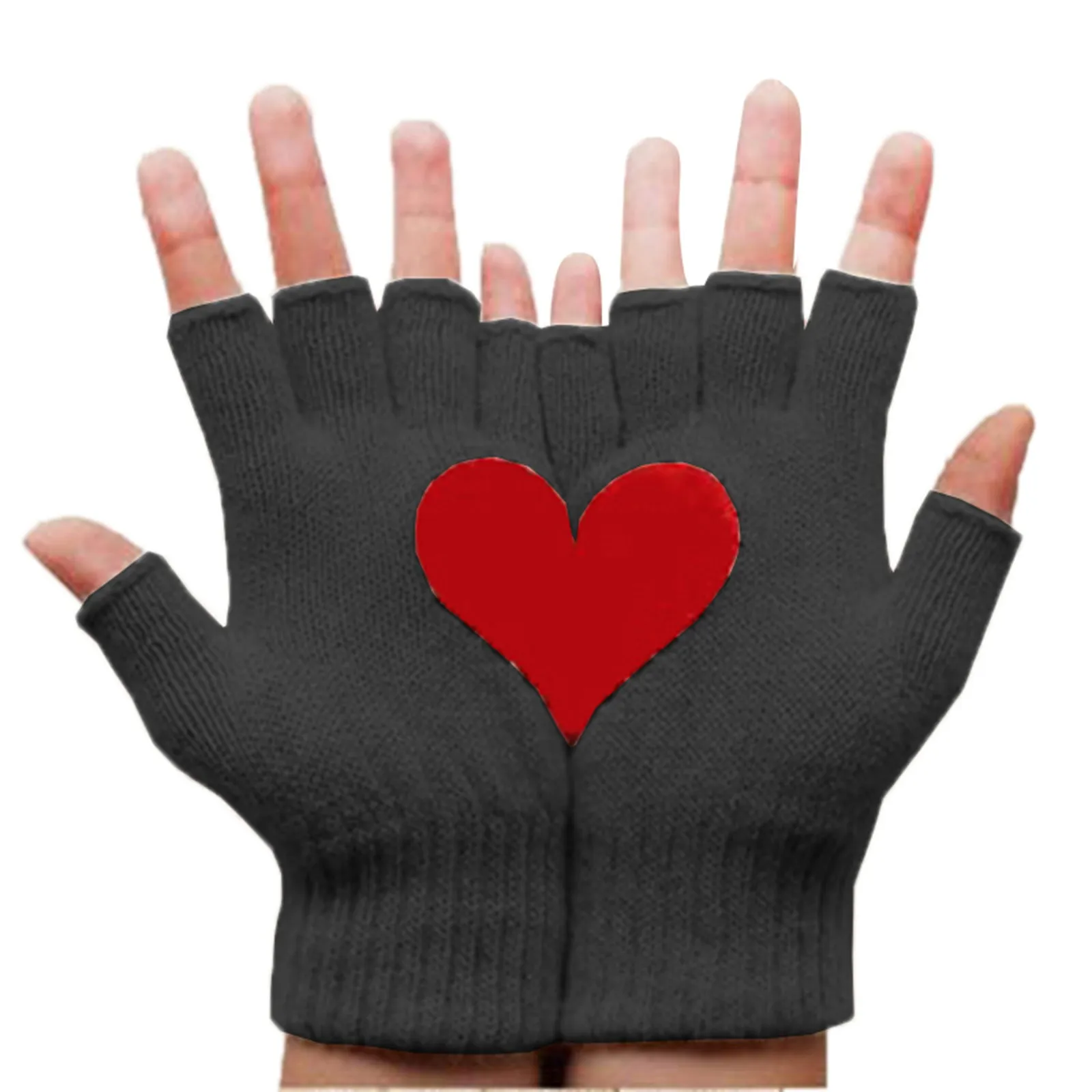 

Women's Woolen Half Finger Gloves Autumn And Winter Outdoor Warm And Cold Proof Thickened Love Printed Gloves Mittens For Women