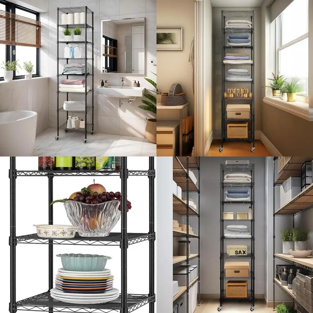 

8-уровневый сверхпрочный проволочный стеллаж с колесиками, 18x18x78,7 дюйма, регулируемые металлические полки для хранения, сертифицированные NSF, черный