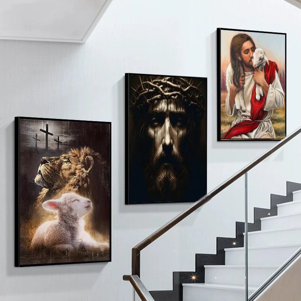 Lamb of God and Cross Scared Heart of Jesus Vintage Posters Sticky Whitepaper Prints Posters Artwork Posters Wall Stickers