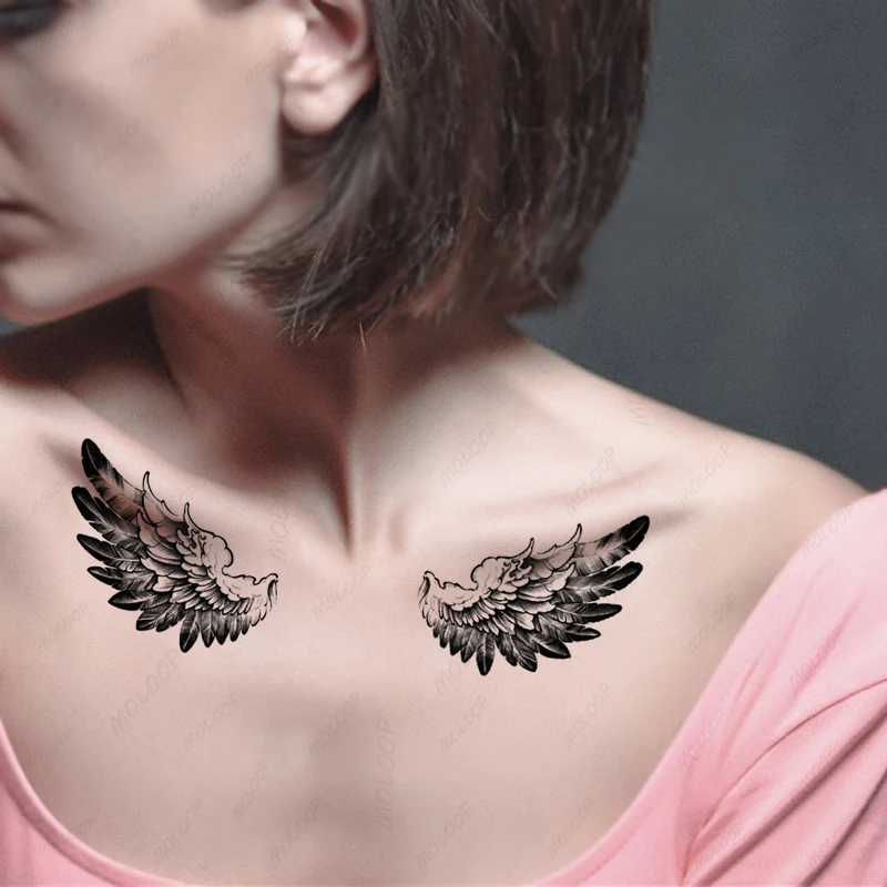 Tattoo Sticker Angel Wings Black Feather Element Totem Waterproof Temporary Hand Chest Arm Makeup for Women Men Body Art