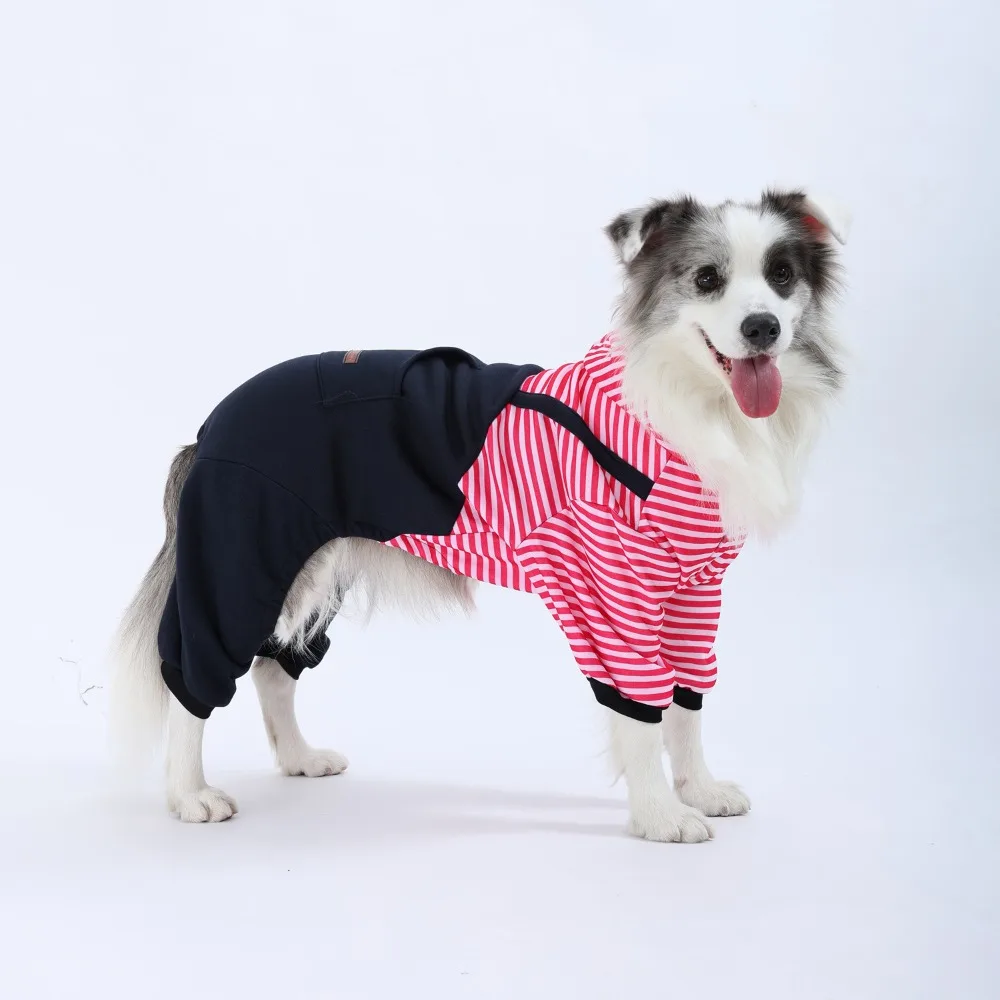 

Four Legged Pet Dog Jumpsuit Striped Windproof Dog Pullover Hoodie Warm Comfortable Pullover Coat Autumn Winter Season