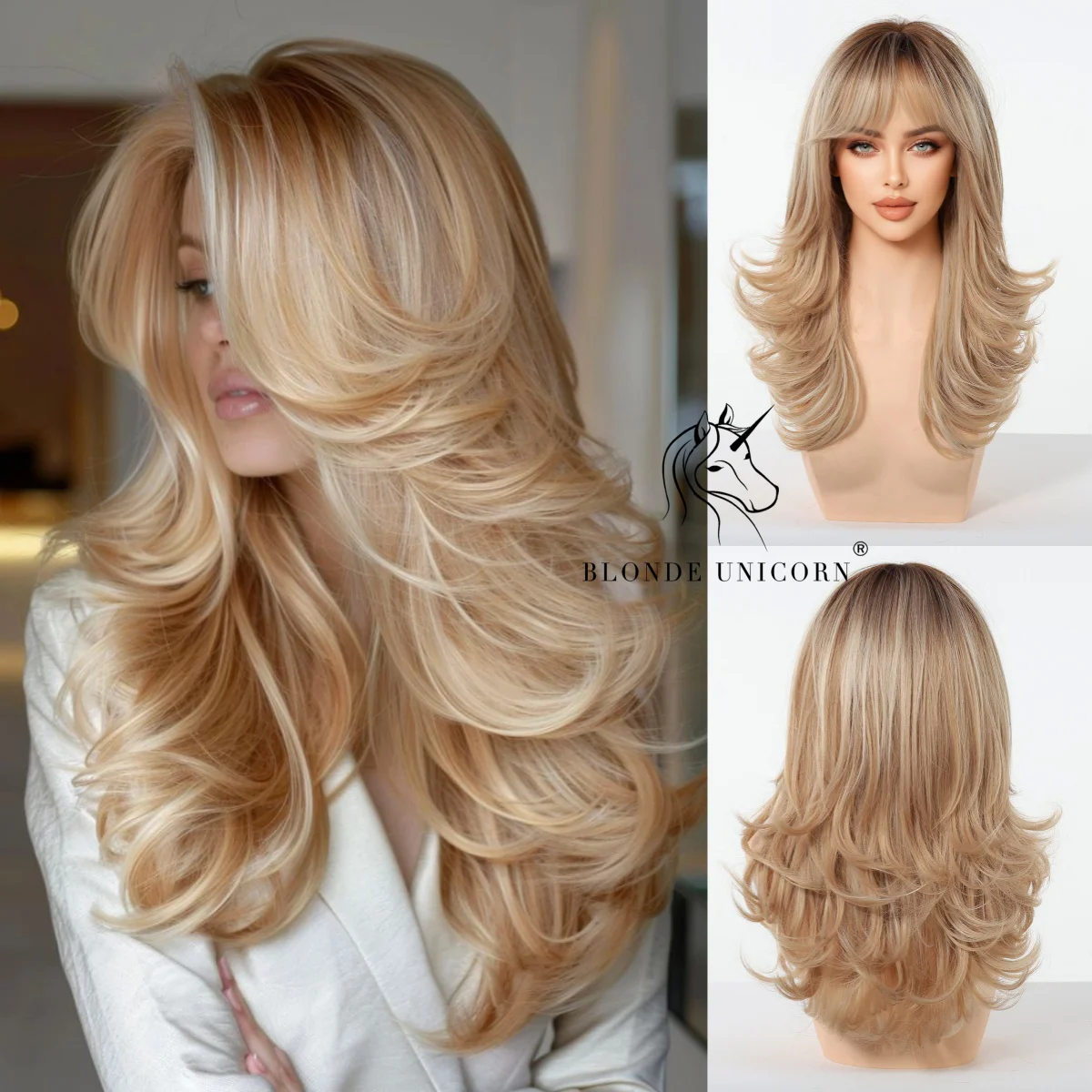 Honigblonde braune Ombre-Perücke, lang, gewellt, synthetisch, mit Vorhang-Pony, hitzebeständig, für Damen, Alltag, Party, Cosplay
