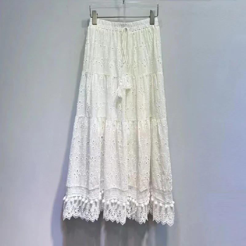 

Женская длинная юбка с вышивкой, кружевная ажурная юбка-макси составного кроя с кисточками и эластичной талией, осень 2024