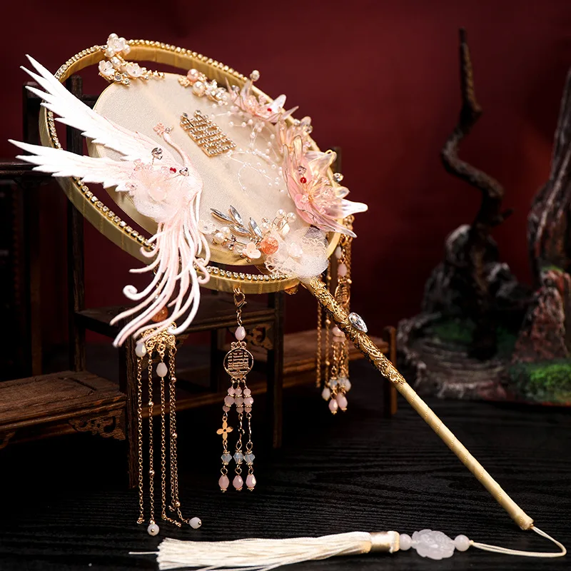 Chinese Style Bridal Round Fan Antique Double-sided Wedding Fan Retro Photography Hold Fan Prop For Wedding Decoration Supplies