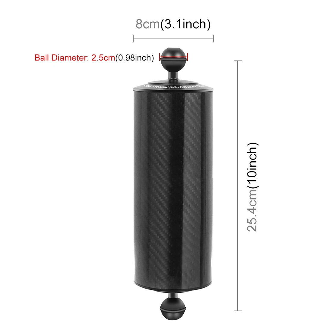 PULUZ D80mm L10inch Underwater Photography Floating Arm Dual Balls Carbon Fiber Buoyancy Arm, Ball Diameter: 25mm Buoyancy: 872g