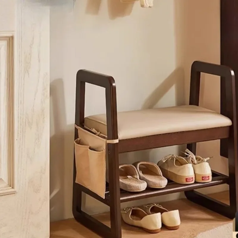 

Solid Wood Armrest Shoe Bench, Upholstered Entryway Stool, Elderly Sitting Chair for Hallway, Shoe Rack with Padded Seat