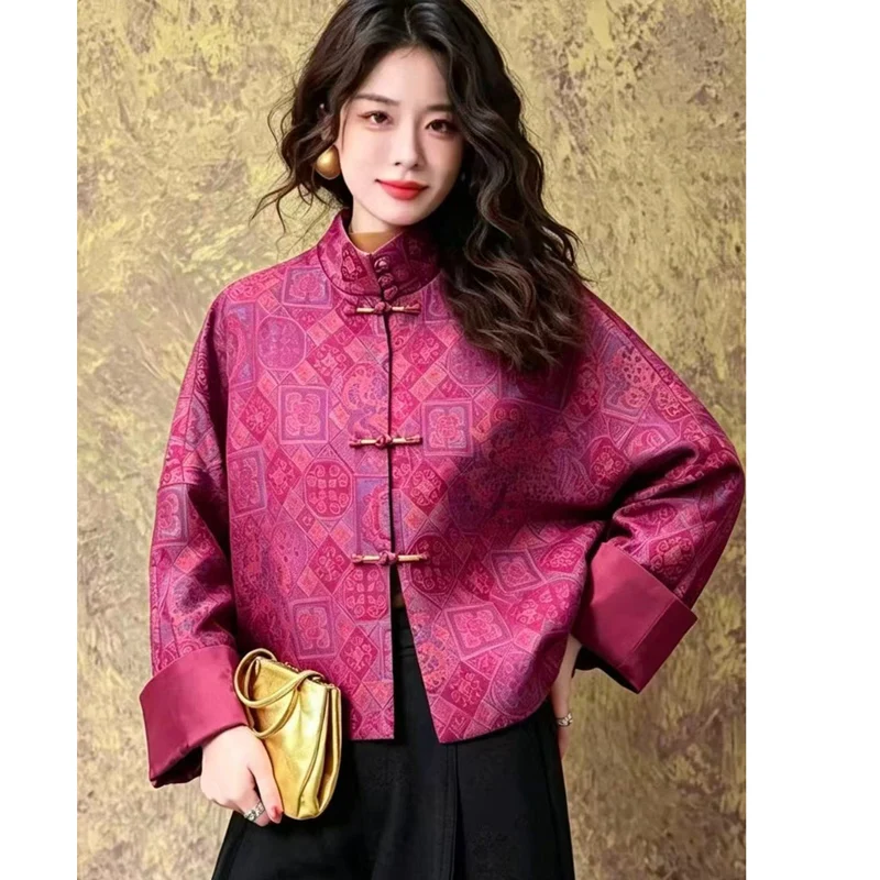 Spring Autumn Women Silk Brocade Jacquard Coat New Stand Collar Long Sleeve Outerwear with Contrast Color Cuffs Handmade Buttons