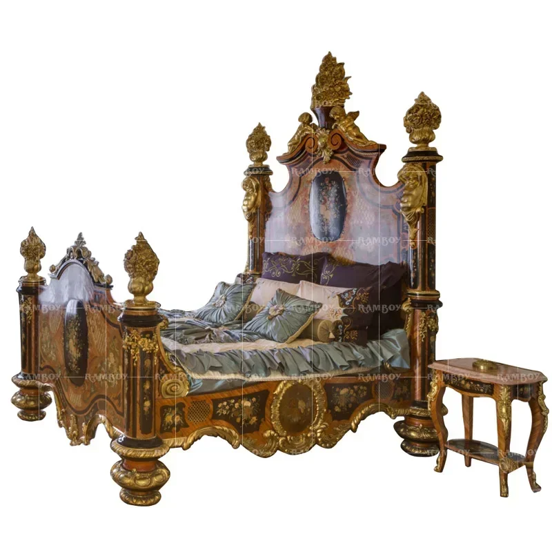 European Solid Wood Castle Double Bed Luxury Villa Master Bedroom Furniture Classic Design High Quality Wood Construction