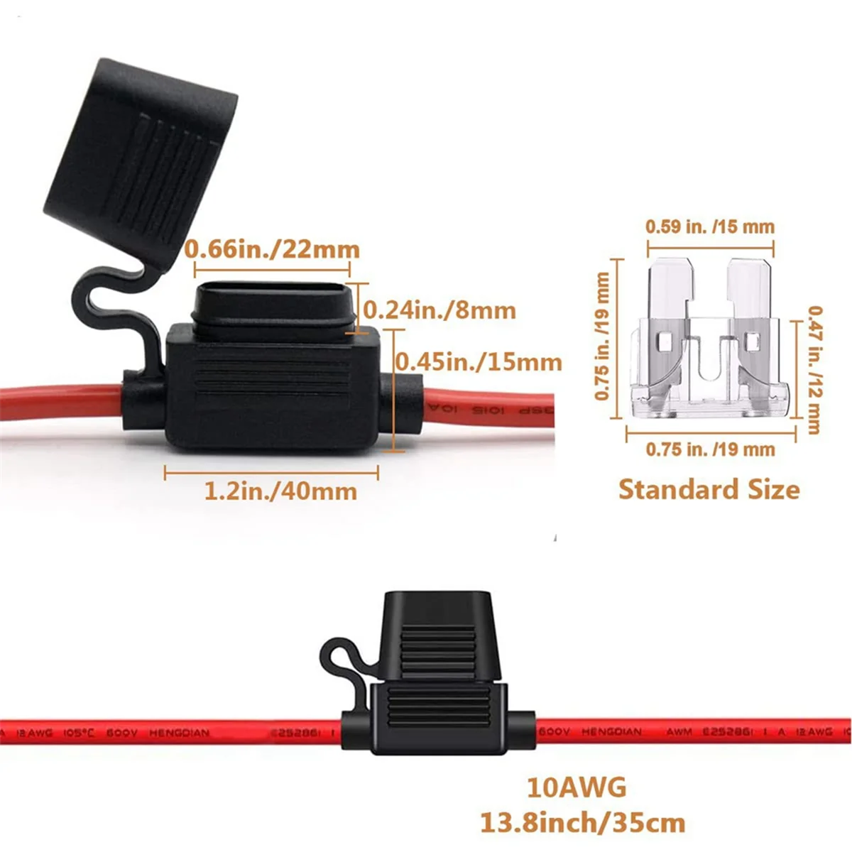 10 Gauge Fuse Holder - 10 AWG Inline Fuse Holder with 40 AMP ATC Blade Fuses (4pack) Automotive Retrofit Fuse Holder