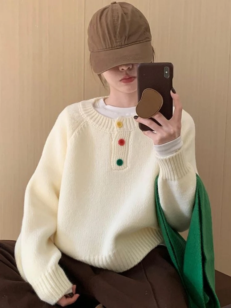 

Korean O Neck Button Pullovers Women 2025 Autumn Clothing Casual Loose Fashion Jumper Sueter Mujer Knitting All Match Sweater
