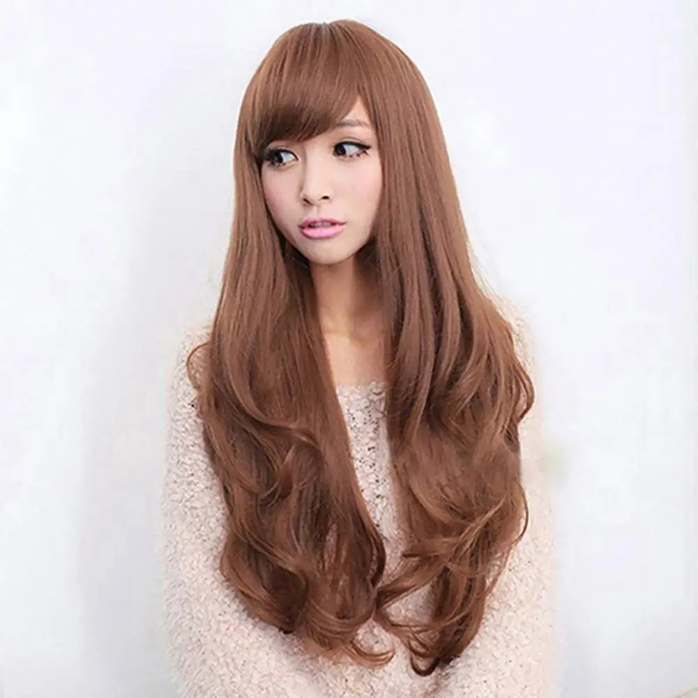 Perruque ondulée longue bouclée avec frange pour femme, cheveux de fête cosplay, perruques Lolita avec frange, marron, irritant, populaire, 65cm