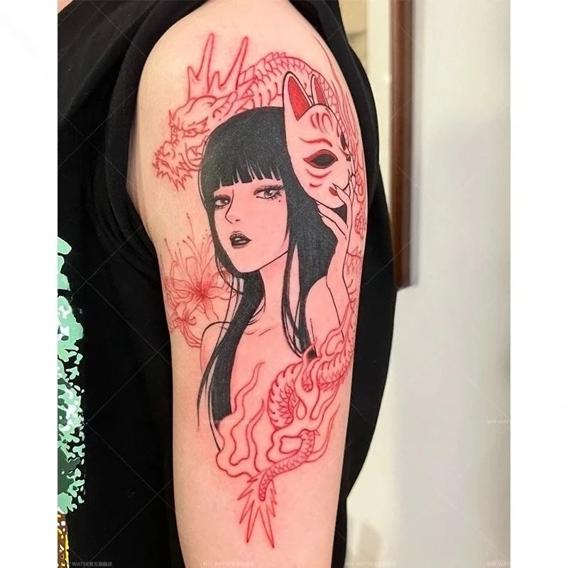 

Red Dragon Girl Wearing A Fox Mask Temporary Tattoos Cartoon Cover The Scar Waterproof Fake Tattoo Sticker for Woman Man