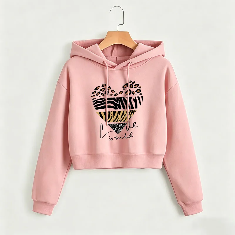 

Love Leopard Print Cropped Sweatshirt Crop Top Hoodie Y2k Sweatshirts Gothic Casual Style Clothes