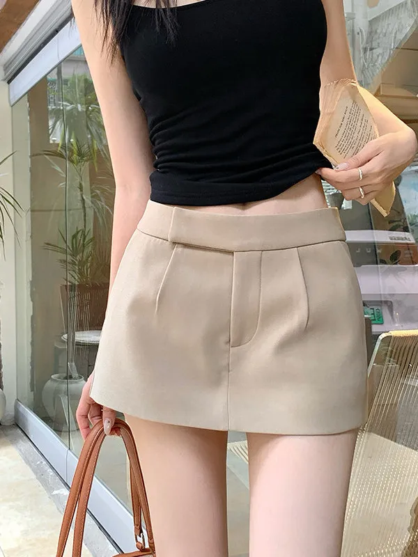 Khaki Color Suit Skirt Pants Women's Spring Summer New Style A-Line Low Waist Pocket Short Skirt Casual High Waist Polyester ...