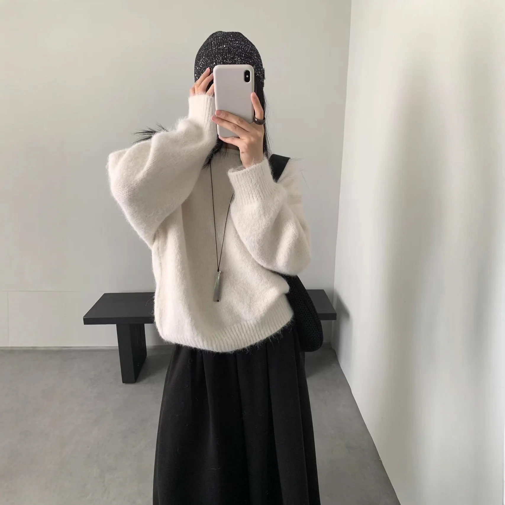 

25. Осень-зима, новый вязаный свитер с круглым вырезом и закрученным подолом, ленивый стиль, корейский минималистичный топ для женщин