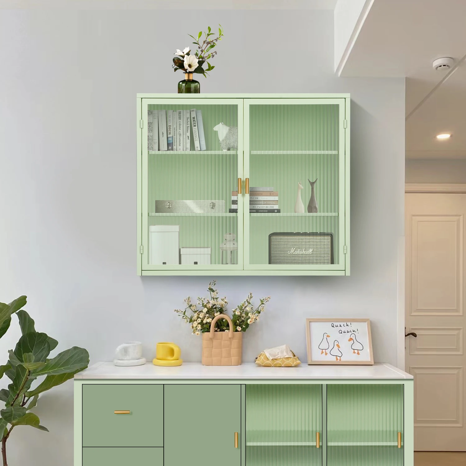 Modern Mint Green Glass Doors Wall Cabinet with Three-tier Storage - Entryway Living Room Bathroom Dining Room