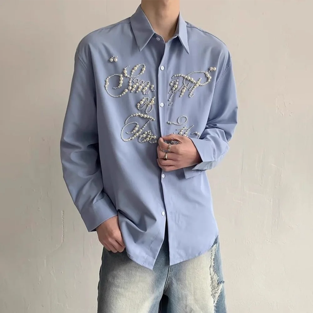 

Мужская весенняя рубашка с жемчужными буквами, повседневная рубашка, уличная модная молодежная универсальная рубашка с длинными рукавами для кампуса, мужская одежда, новинка 2023 г.