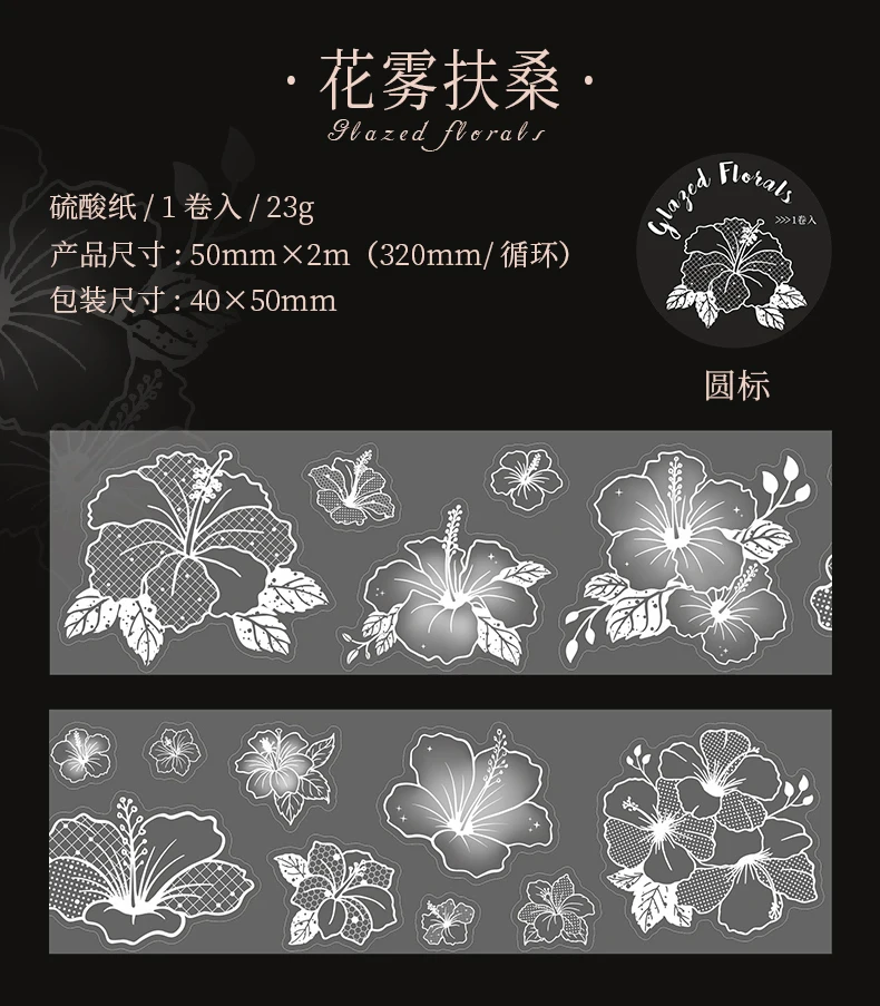 Journal GO 5cmx2m Weißes Blumen-Klebeband mit Tintenmuster, Pergamentpapierband für Journaling, Scrapbooking, Planer, Basteln, Papierwaren – Detail 16