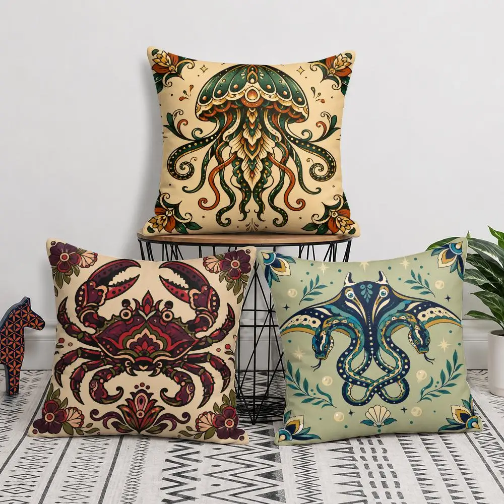 Marine Mythology Tattoo Cushion Cover Soft Short Plush Pillow Cover Smooth Cozy Texture Aesthetic Cushion Case Home Decor