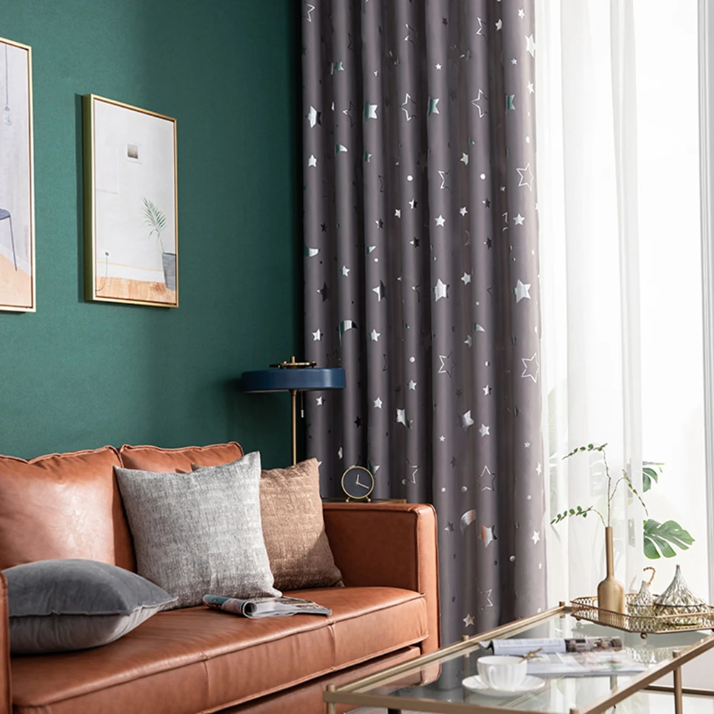 

1 pc 100X250Cm Grey Silver Stars Moon Print Polyester Blackout Curtain Heat Insulation Window Drape For Living Room Bedroom