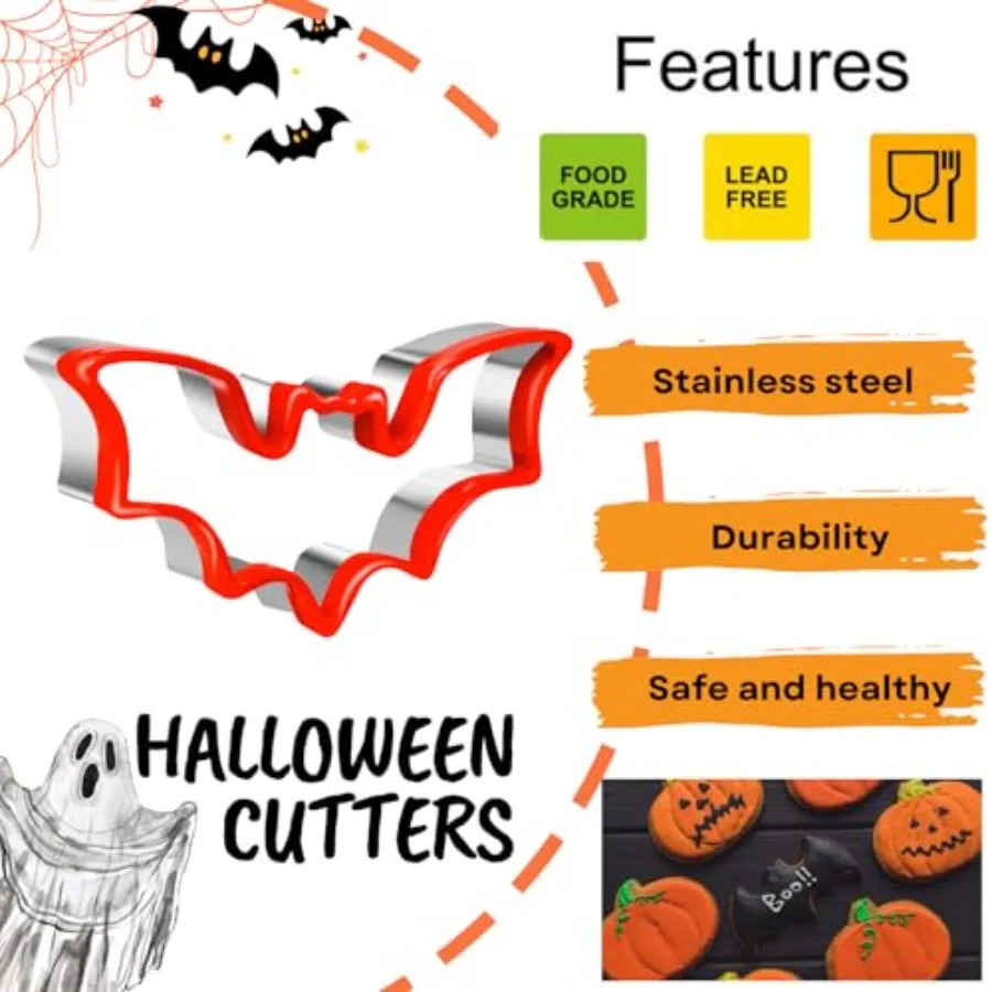 Halloween Ce Cutters 3 Pieces Bat Biscuit Cutter Set Stainless Steel Ce Cutter with Soft Silicone for Baking Halloween Food Par