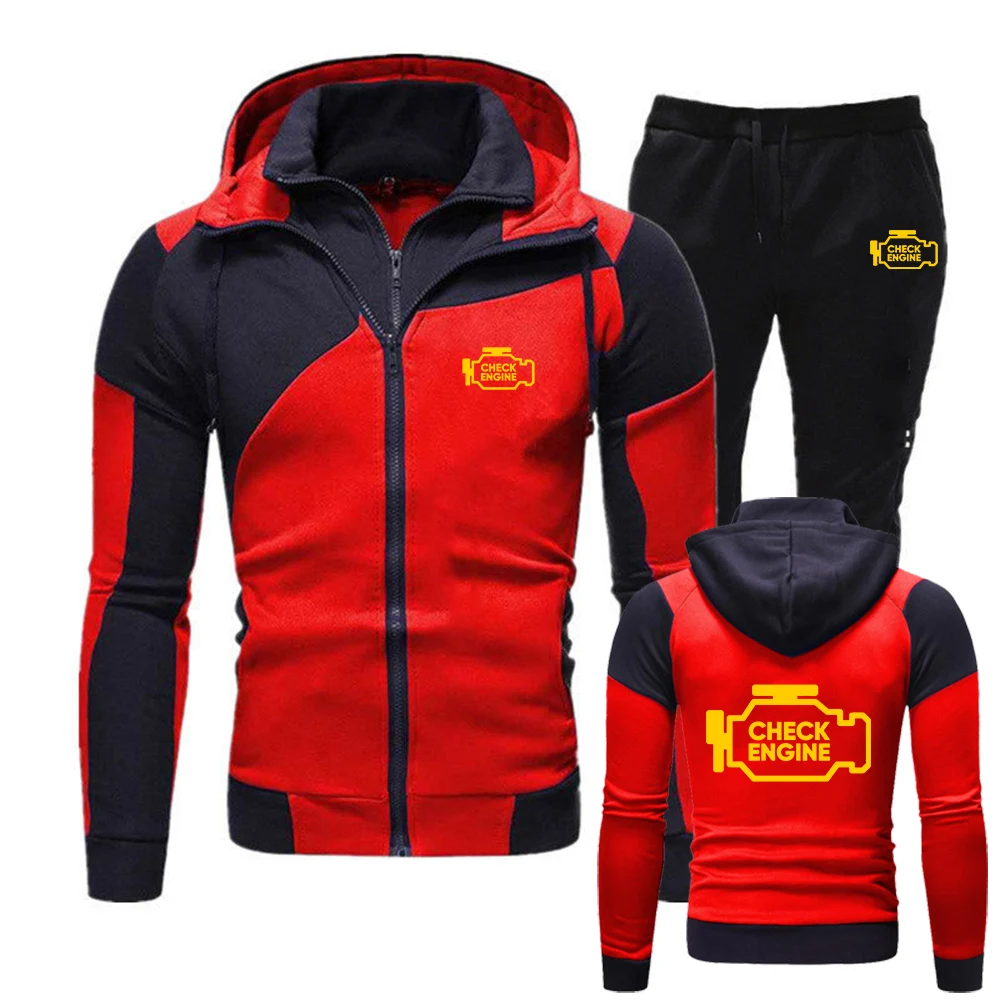 Mechanic Auto Repair Check Engine Light 2025 Men's Spring And Autumn New Color Matching Hoodie + Pants Diagonal Zipper Suit