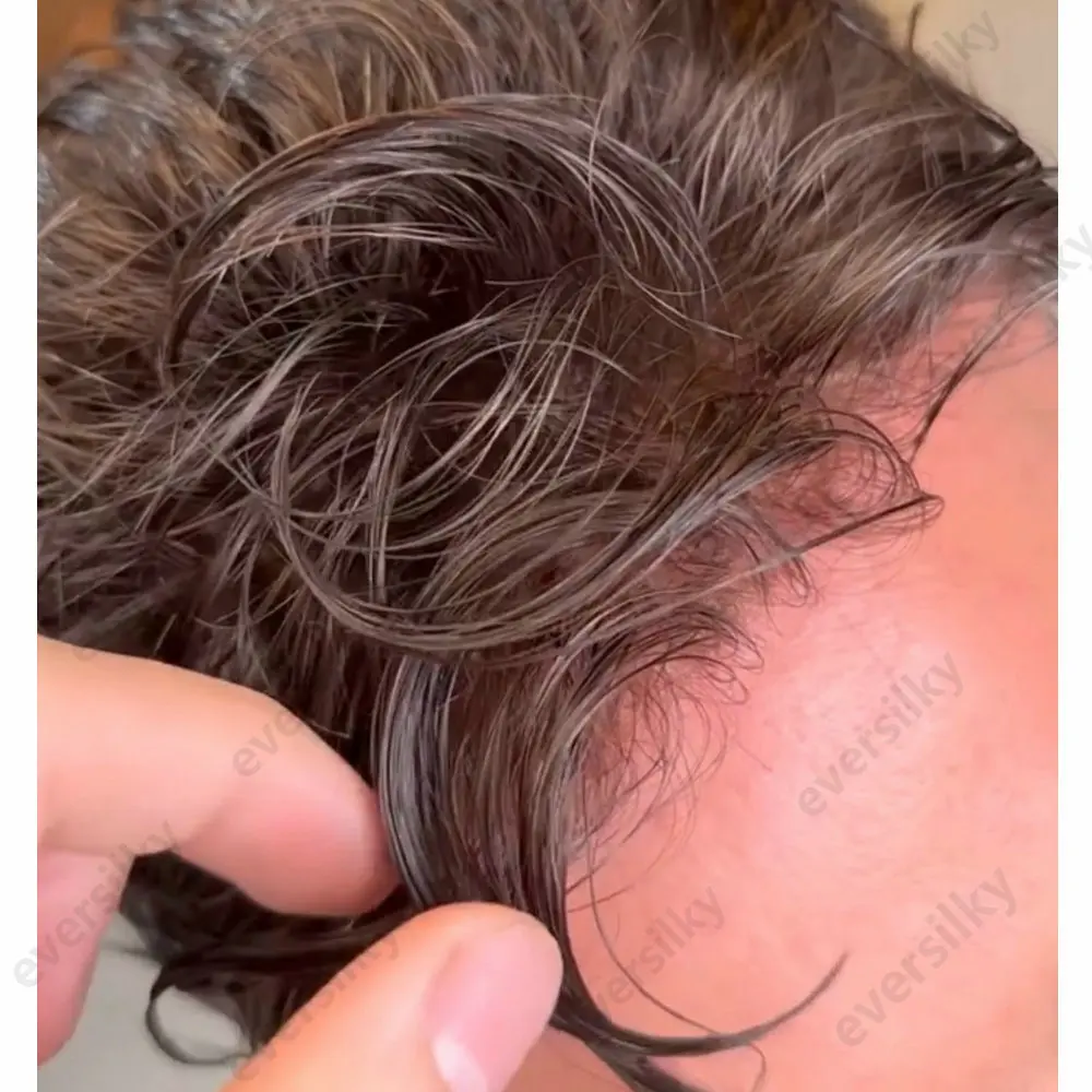 Toupet für Männer, Echthaarperücke, hellbraun, Größe 5 # 6 # Indisches Haarsystem, nicht erkennbare MicroSkin Voll-PU-Basis, graue Haarprothese – Detail 1