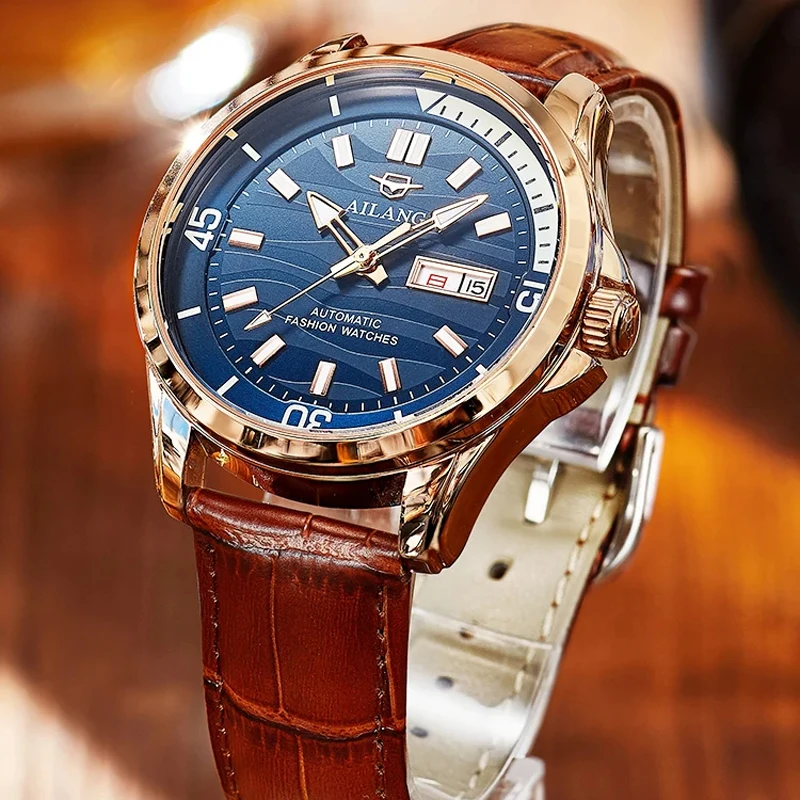 

Мужские наручные часы AILANG: водонепроницаемые, светящиеся, с кожаным ремешком, отображением даты и дня недели, спортивные, повседневные, люксовые, механические