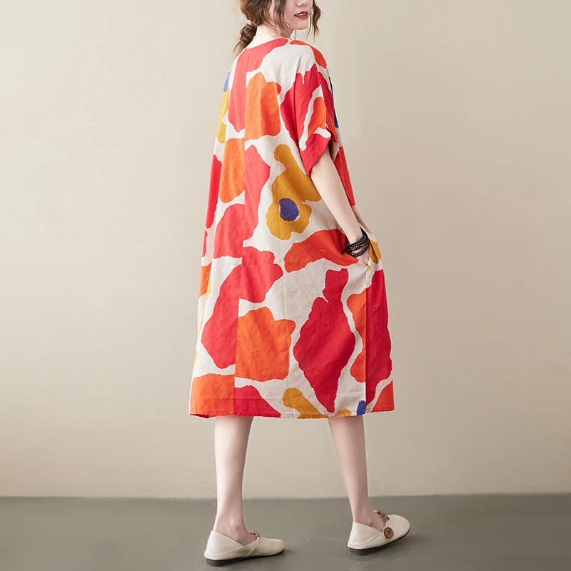 Grande taille femmes coton lin Midi Dr été nouveau Sle genou longueur artistique Vintage imprimé fleuri décontracté confortable Dr