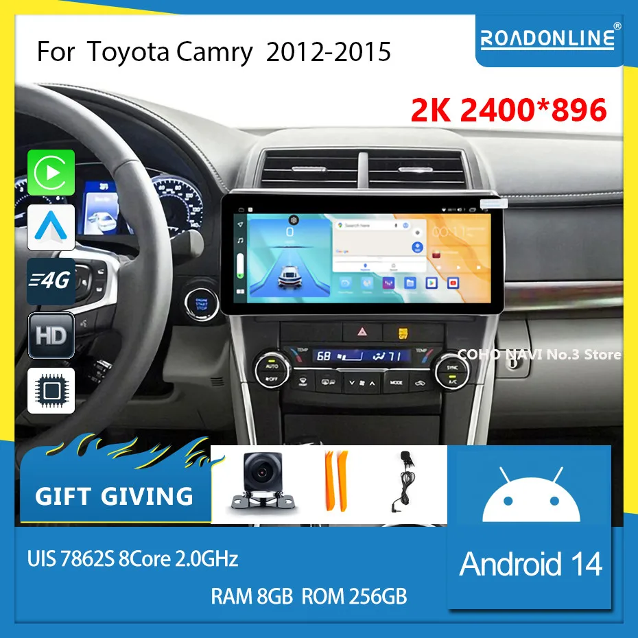 

COHO ForToyota Camry 2013-2015 Android 14 12.3inch 2400*896 2K screen QLED 8Core 8+256G Car Multimedia Player Stereo Radio