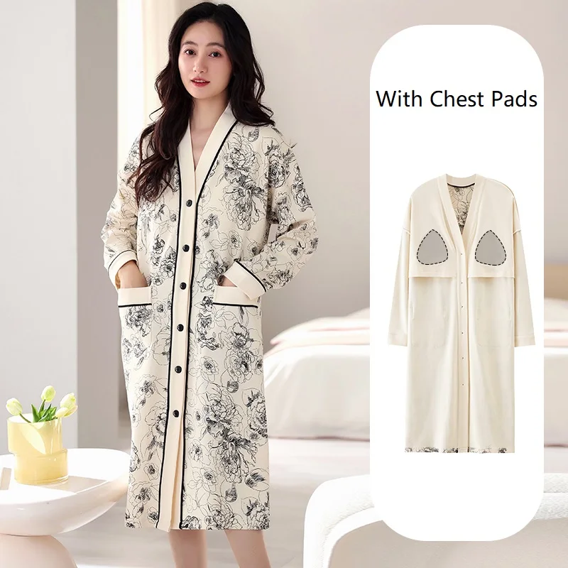 Autumn V-Neck Cardigan Floral Long Nightdress Long-sleeve Nightgown Cotton Casual Tracksuit Pijamas Mujer With Chest Pads Skirts