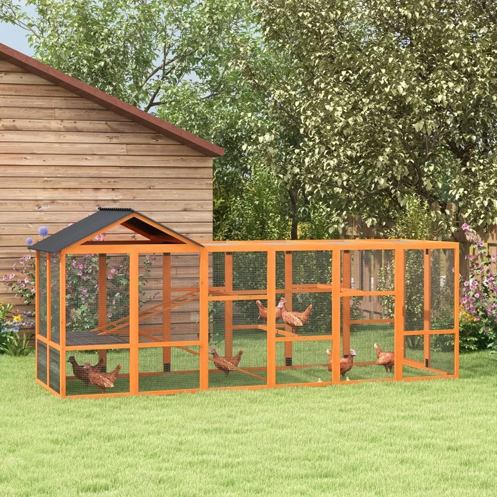 

Wooden Chicken Coop Run for 6-10 Chickens, Hen House, Poultry Cage Add-On with Storage, Perches, 141.75 x 48 x 61, Orange