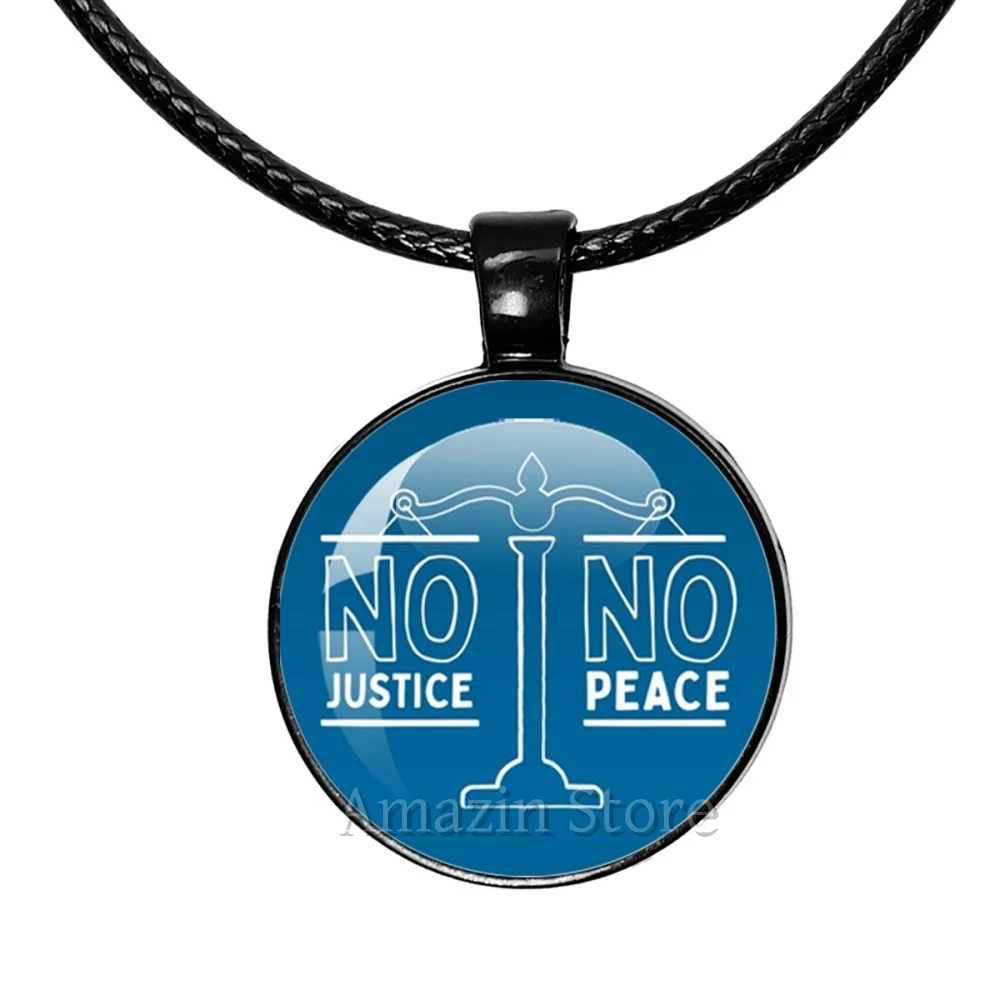 New Style  No Justice No Peace Slogan Glass Handmade 25mm Black Leather Rope Necklace Glass Dome Pendant Gifts JD033
