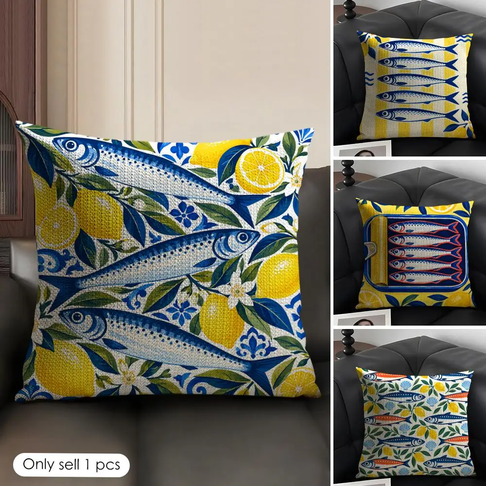Sardine Lemon Tinned Fish Cushion Cover Skin-Friendly Organic Linen Pillow Cover Durable Hypoallergenic Washable Soft