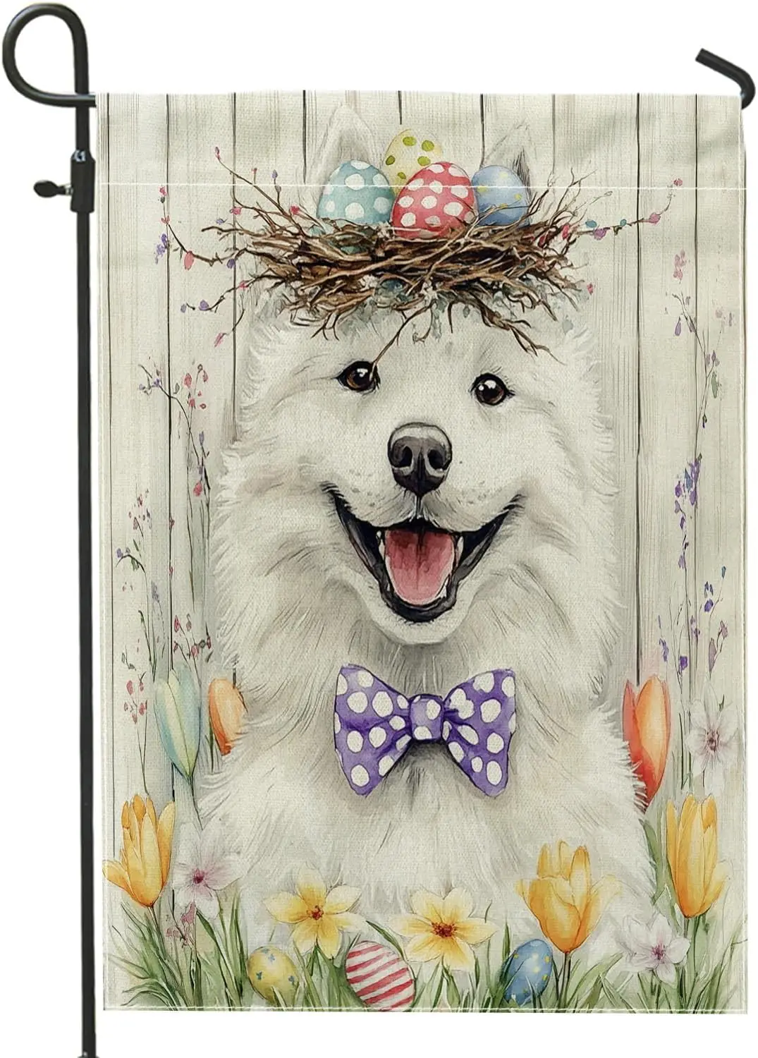 Spring Easter Samoyed Dog Garden Flags 12x18 Inch for Outside, Rustic Country Puppy Standard Vertical Linen Flags, Farmhouse PPM