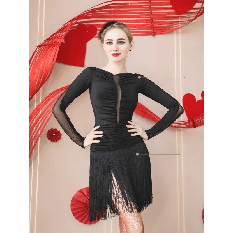 

Mesh Long Sleeved Jumpsuit Tassel Skirt National Standard Training Suit Latin Dance Uniform