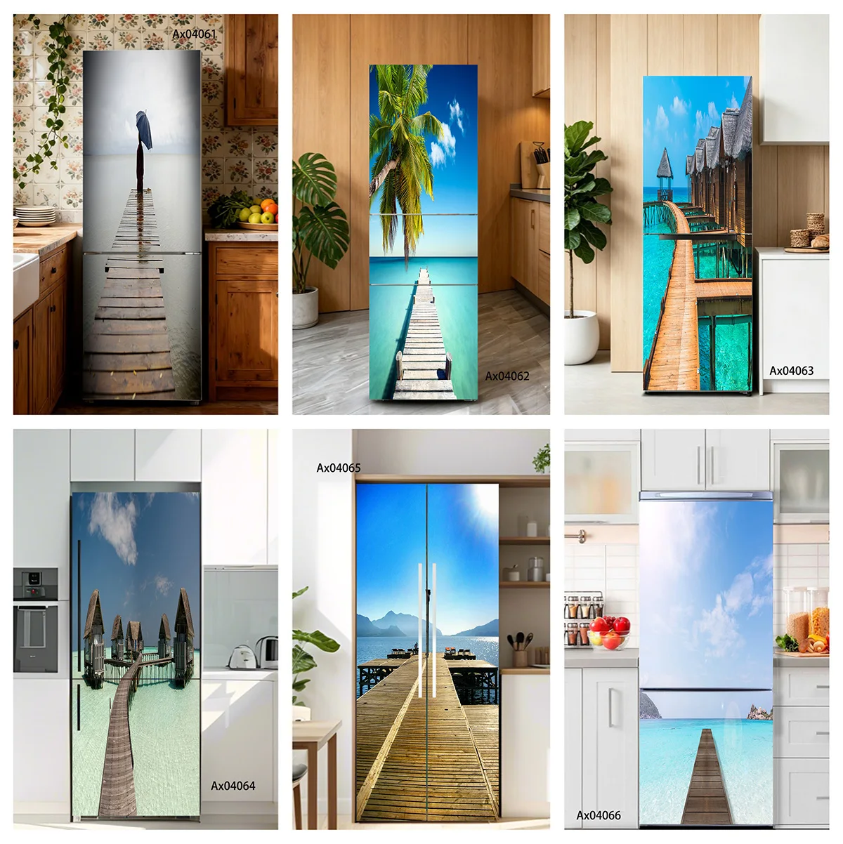 Bright Clear Blue Sky Overwater Bungalow Wooden Pier Fridge Sticker Self-Adhesive Waterproof Vinyl