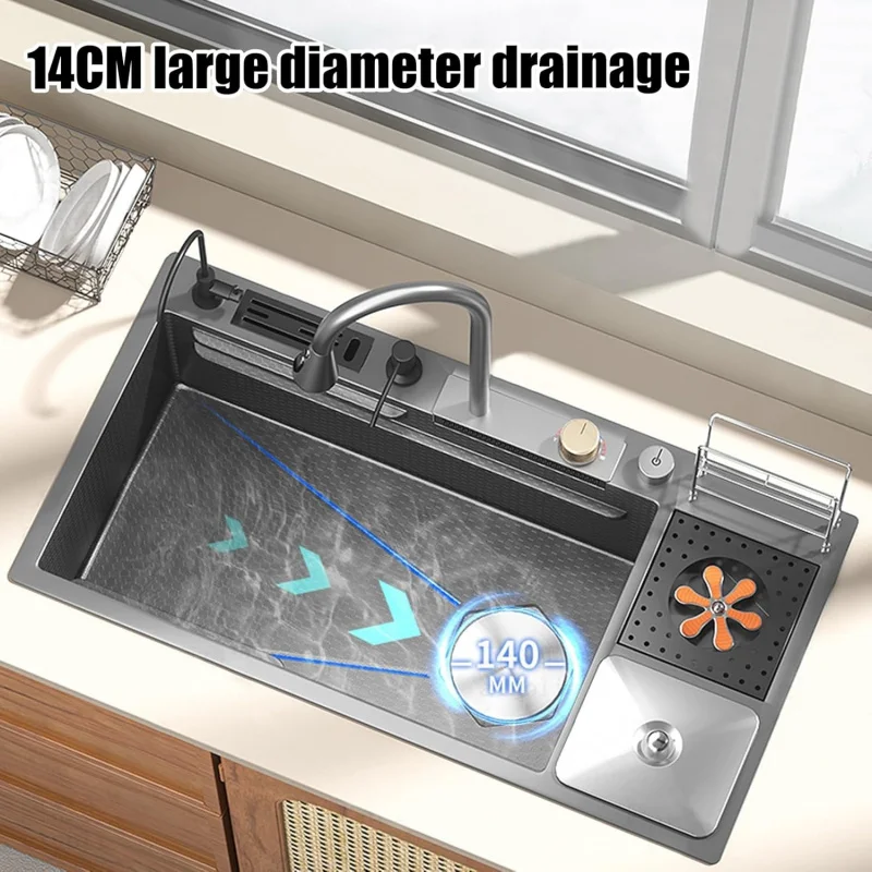 

(TTO) Многофункциональная кухонная мойка-водопад из нержавеющей стали, большая емкость, одна чаша с держателем для ножей, мусорный бак LQ