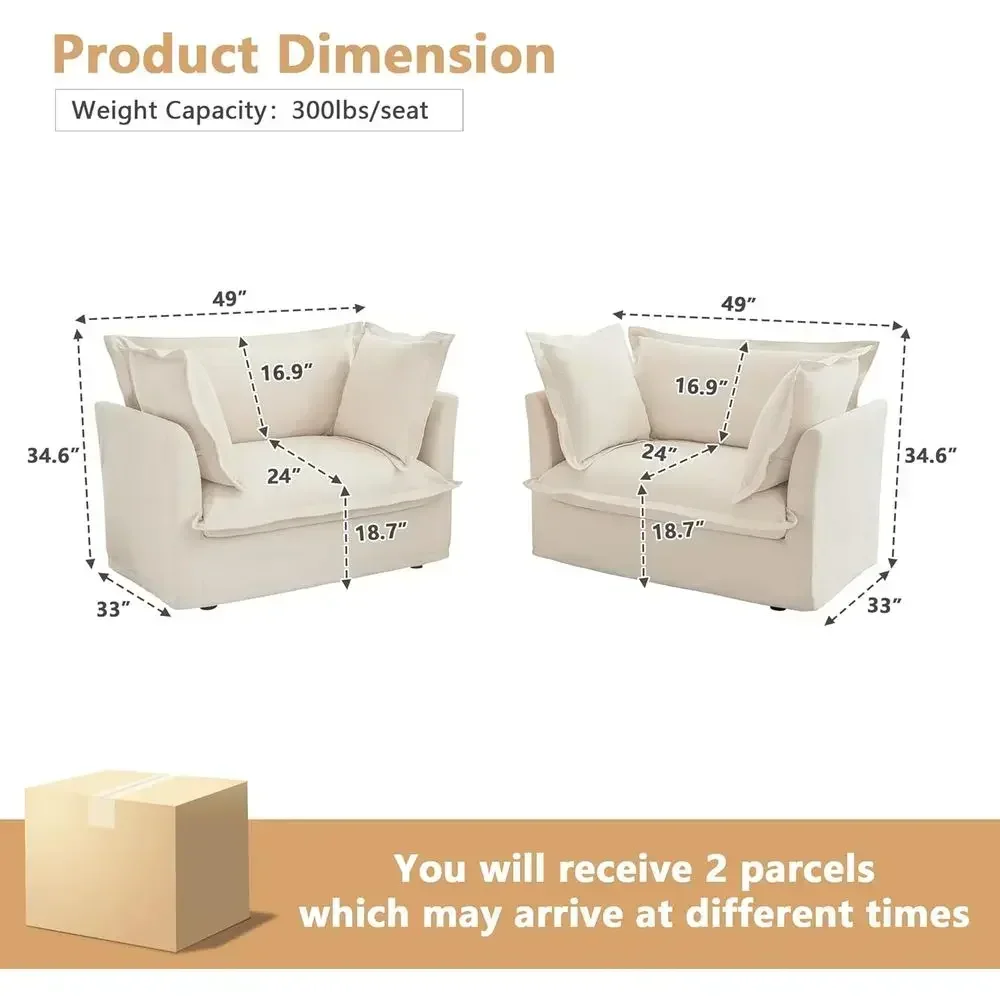 Oversized Slipcovered Armchairs Set of 2, 49 Upholstered Accent Chairs with Throw Pillows for Living Room, Chenille Cream