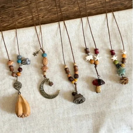 Handmade Ceramic Beads Mushroom Pinecone Wood Slice Necklace Vintage Cord Chain Dried Fruit Pendant Long Necklace Boho Party